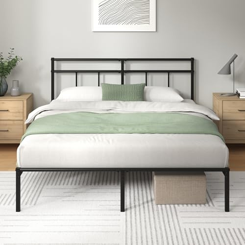Zinus Elias Classic Double Metal Bed Frame with Headboard (135 x 190 cm) – Steel Slat Support, Underbed Storage, Easy Assembly – Black