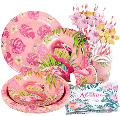 SUNBEAUTY Lot de 80 Assiettes en Carton de Fête Hawaïennes avec Gobelets, Serviettes, Pailles - Flamants Roses, Décoration d'Anniversaire pour Enfant
