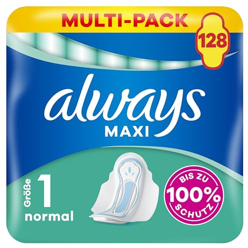 Always Maxi Normal Binden (Größe 1) Flügel 128 Stück (8 x 16), Für Stärkere Tage, Damenbinden, Bis Zu 100 Prozent Schutz & Komfort-Kissen