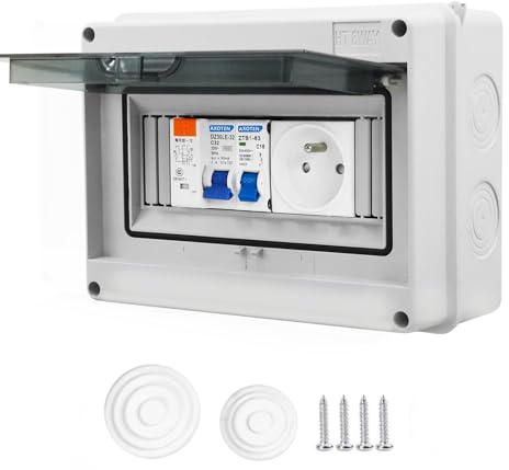 CHENGPI Einzeldurchlass,Coffret électrique étanche IP65 équipé Livré,DZ 30mA AC Interrupteur de Fuite, 1 Disjoncteur 16A,1 prise modulaire 16A 2P+T