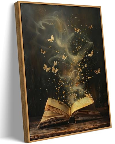 Framed Moody Victorian Bookish Wall Art Dark Academia Library Canvas Wall Decor Picture Vintage Reading Nook Butterfly Aesthetic Painting Poster Print for Gallery Library Bookstore Decoration 8x10in