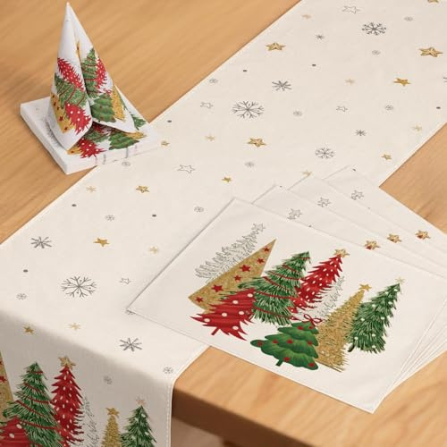 ZWJD Set Decoración Mesa Navidad 1x Camino de Mesa 40x140 cm,4x Manteles Individuales & 1x Paquete de Servilletas(20 Unidades),Beige con Árbol de Navidad y Copos de Nieve,Festivo para Invierno,Comedor