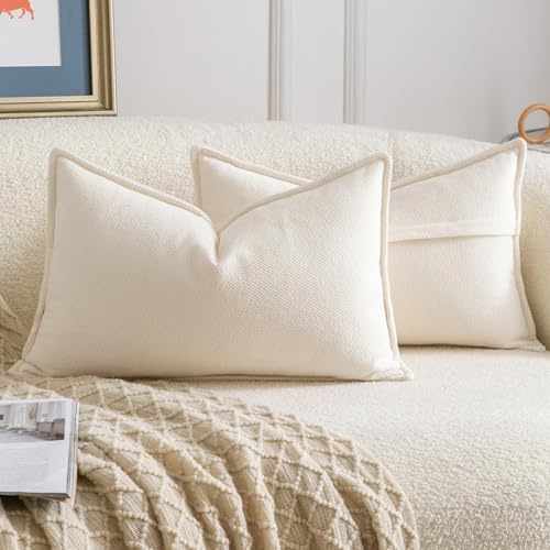 Madizz Juego de 2 Suave Chenilla Decorativo Funda de cojíns con Borde Neutras Fundas de Almohada Boho para Sofá Dormitorio Salón Crema Rectangular 40 x 60 cm