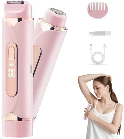 Afeitadora Electrica Mujer, YiYunTE 2 en 1 Doble Cabeza Depiladora Facial Mujer, Húmedo y Seco Recortadora Corporal con Pantalla LED, Rasuradora Mujer Maquinilla Afeitar para Intima Pubis Bikini Rosa