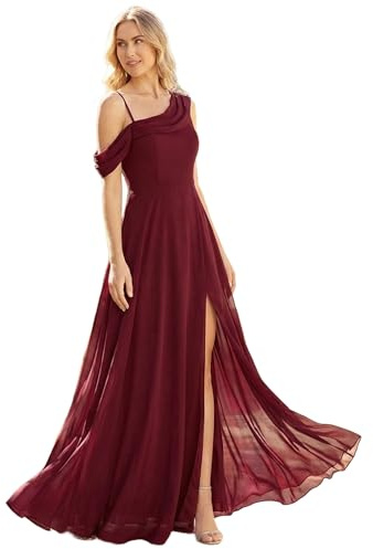 Ever-Pretty Robes de Demoiselle d'honneur Col Asymétrique Manches Courtes Mousseline Maxi Robe évasée ES02704