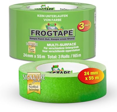 FrogTape Multi Surface Ruban de Masquage 24mm x 55m lot de 3, Adhésif Peintre avec Technologie PaintBlock, Lignes Nettes, Enlèvement Sans Résidus, Scotch Peinture pour Bois Verre Métal, Vert