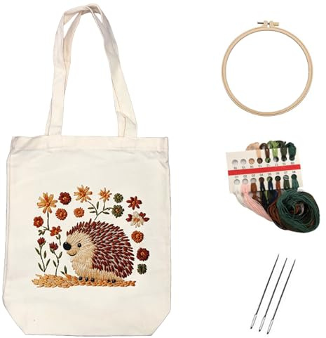 Kit Broderie Tote Bag Débutant Hérisson Préimprimé 1 Kit DIY Sac Toile