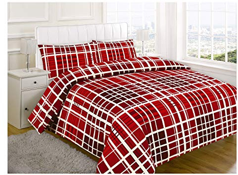 100% Brushed Cotton Red Check Design Flannelette Duvet Cover Quilt Winter Bedding Bed Sets with Pillowcases - Double Size, Red
