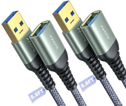AINOPE 2 Pack USB Extensions Cable High Speed USB 3.0 Extension Cord Type A Male to Female Sturdy Braided Material Fast Data Transfer Compatible with USB Keyboard,Mouse,Flash Drive,Grey,6.6FT+6.6FT