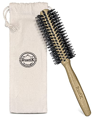 Wooden Round Barrel Hair Brush and Travel Pouch by RustiK, Boar Bristles with Nylon Pin, Curling, Thin, Quiff Roller, Blow Dry/Out, Drying, Adding Volume/Shine. Woodcrafted For Men and Women.