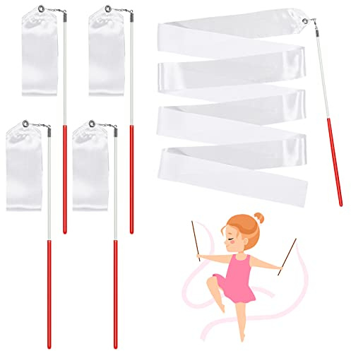 HyDren 4 Piece Dance Ribbons Streamers for Adults 78.7 Inches Rhythmic Gymnastics Ribbon with Dancing Streamers Praise Dance Flags Wand Twirling Baton for Talent Shows Artistic(White)