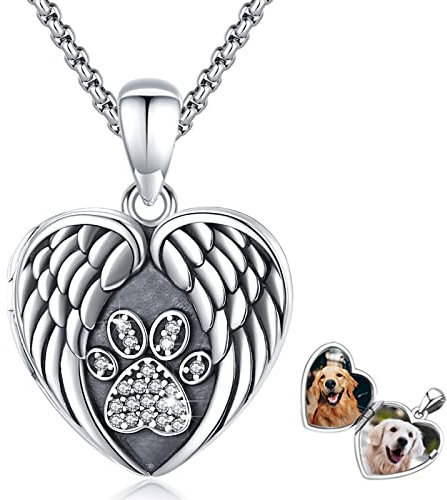 Eusense Medaillon zum Öffnen für Bilder Foto Anhänger Silber 925 Pfote Herz Halskette mit Bild Hund Katze Pfote Kette Schmuck mit Foto