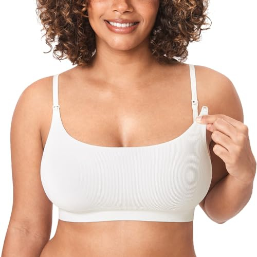 MOMANDA Ribbed Nursing Bras for Breastfeeding Soft Lift Maternity Sleep Bra Wireless Seamless Comfy Bralettes Iceland White Medium