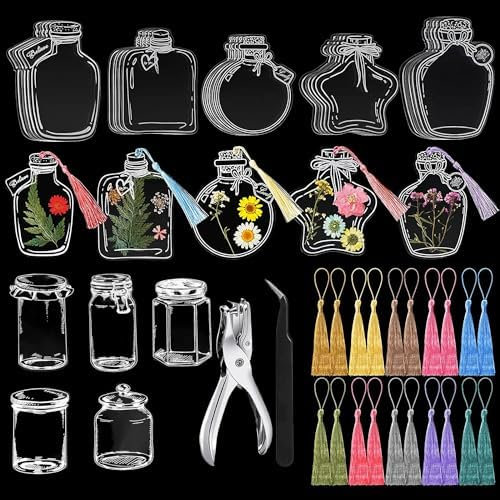 40pcs DIY Transparentes Lesezeichen Blume,Transparentes Lesezeichen,Geburtstagsgeschenk FüR Kinder,40pcs Bunte Quaste+1pc Puncher，Leser Schule Buch Flasche Liefert Handgemachte Lesezeichen