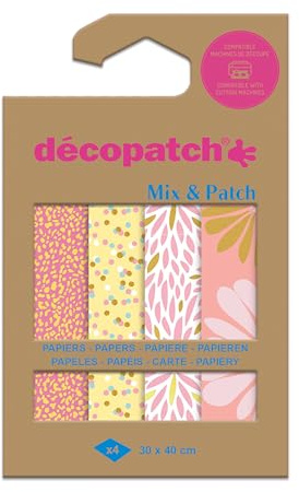 Décopatch DP036C - Une Pochette de 4 Feuilles Décopatch - Dimensions : 30 x 40 cm - Papiers imprimé, Rose, tendre - Mix & Patch - A partir de 5 ans, DIY, création, rénovation, activité créative