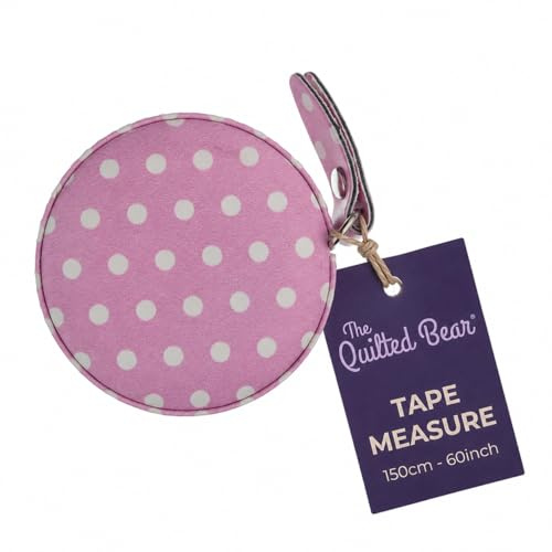 The Quilted Bear Polka Dot Retractable Tape Measure with Double Sided Metric & Imperial Measuring Tape for Sewing, Tailors or Body Measuring 150cm/60 (Pink Polka Dots)