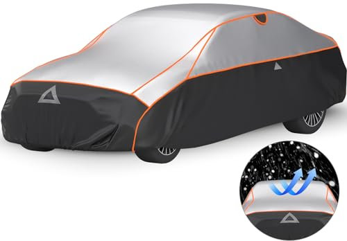 Favoto Bâche Voiture Antigrêle Imperméable - Matériau XPE Contre Grêle Pluie Soleil UV Poussière Rayures Neige Respirant avec Bandes Réfléchissantes pour Berline 3 Volumes 450-495cm