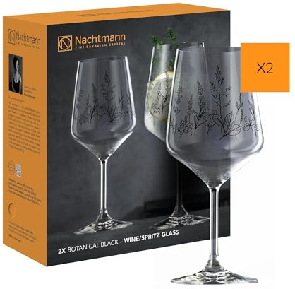 Nachtmann Wine Glasses Set of 2, 630 ml, Tattoo Botanical, 105723, Floral Design Splashing Glasses, Black, Crystal Glass, Aperitif Glasses, Dishwasher Safe