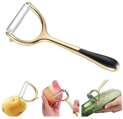 Julian - Pelaverdure in acciaio inox, con manico antiscivolo per rimuovere gli occhi di patate, per pelare mele e carote, gadget da cucina (oro, piatto)