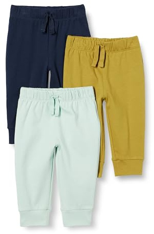 Amazon Essentials Pantalones con Cintura Elástica de Algodón Unisex Bebés, Pack de 3, Azul Marino/Verde Menta Pálido/Verde Oliva, 12 meses