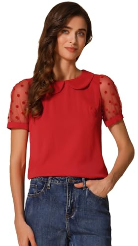 Allegra K Chemisier Vintage Femme À Manches Bouffantes Transparentes Et Col Claudine Haut en Maillage À Pois T-Shirts D'Été