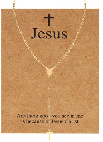 MILAKOO Rosenkranz Perlen Katholische Halskette für Frauen Männer 3mm Gold Perle Kreuz Y Anhänger Kette mit Edelstahl Kruzifix und Jesus Karte für Herren Damen