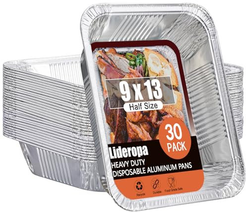 Lideropa Half Size Aluminum Pans - 30 Pack 9x13 Inch Aluminum Foil Pans, Heavy Duty Disposable Aluminum Pans for Cooking, Storing, Prepping, and Freezing Food