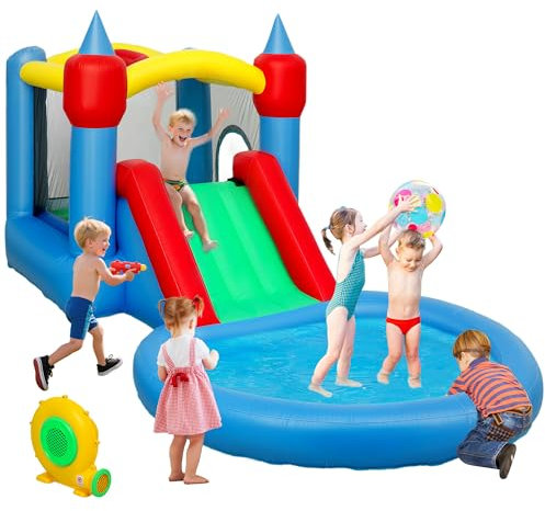 AIYAPLAY Castillo Hinchable con Soplador 4 en 1 Castillo Inflable para Niños con Tobogán Foso de Bolas Canasta y Bolsa de Transporte para Exterior Interior 415x205x190 cm