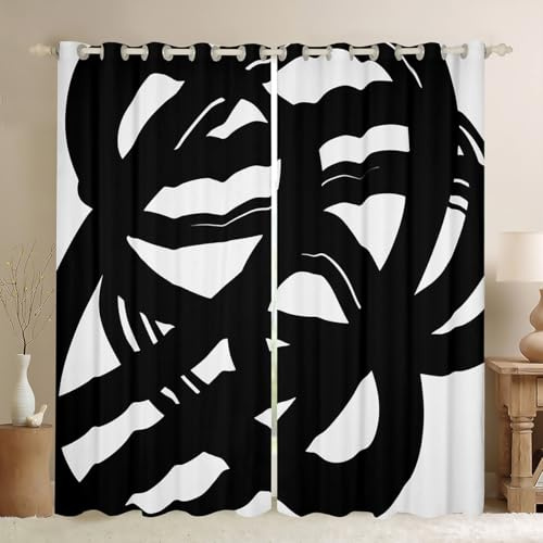 Abstract Stripe Patchwork Kids Blackout Curtains,Geometric Lines Artwork Modern Window Drapes for Girls Boys,Geometric Waves Black White Chic Window Treatments Grommet Top 2 Panel Set,52Wx90L inch