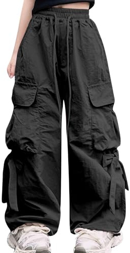 SEAUR Pantaloni cargo larghi da bambina Y2K Hip Hop Streetwear Pantaloni per bambini con vita elasticizzata leggeri sottili estivi 5-14 anni, Nero , 13-14 Anni