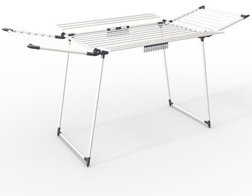 VOUNOT® Tendedero de Ropa Plegable Extensible, 25m de Tendido Gran Capacidad con Alas Laterales y Pinzas, para Interior y Exterior, 175x92x106cm, Blanco