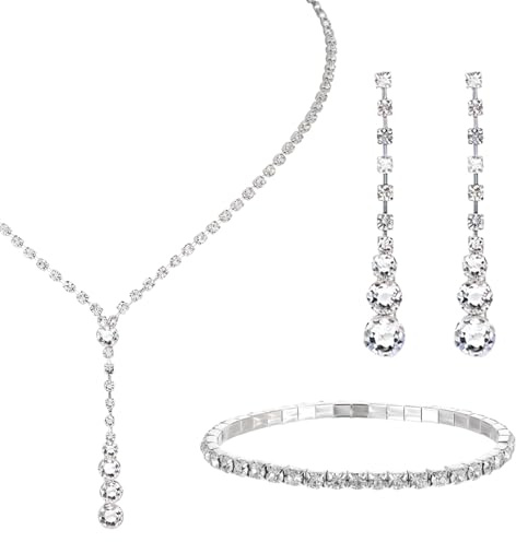 Sorcristy Costume Jewellery for Women, Crystal Jewelry Set for Women, Silver Bridal Jewelry Set Rhinestone Necklace, Bracelet and Earrings, Bridal Wedding Party Accessories