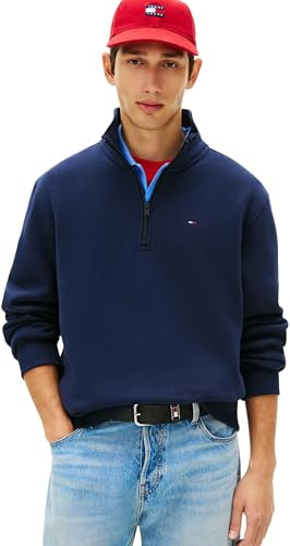 Tommy Jeans herr Tjm Reg fleece 1/4 dragkedja stoppad hals DM0DM20339 halv dragkedja tröja, blå (mörk natt marinblå), XL