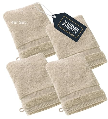 SCHÖNER WOHNEN Set di 4 guanti da bagno in spugna - Beige - 16x21cm - Lavette Viso - salviette in 100% cotone - molto assorbente - Oeko-Tex - 500g/m2 - Hotel e B&B - qualità di lusso