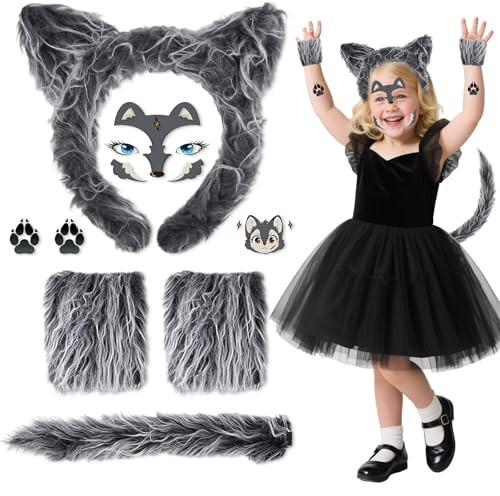 Makone C3 Wolf Costume for Kids, Werewolf Costume for Kids Halloween Costumes Werewolf Accessories Werewolf Ears and Tail Gloves Face Sticker Animal Costumes Girls Adult Unisex Fancy Dress Cosplay