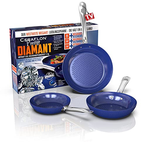 Unisex 3 pezzi. Hanseshopping HSP - Set di padelle a bordo alto Ceraflon Diamant Prestige, Ø 20, 24 e 28 cm 000 Blu