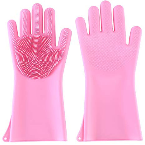Reusable Silicone Cleaning Gloves Dishwashing Scrubber Dish Wash Scrubbing Sponge Gloves with Bristles Great for Washing Dish Kitchen Car Bathroom Pet Hair Care (Pink)