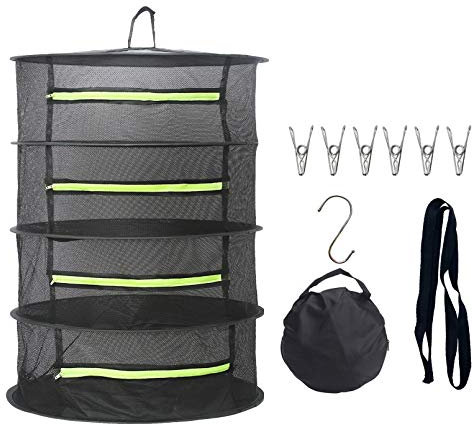 Nwvuop 4 Layer Herb Drying Rack Plant Dryer Mesh Hanging Drying Net with Green Zippers Black