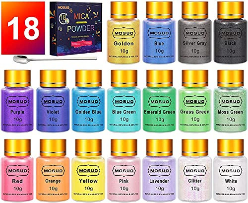 MOSUO 18er×10ml Epoxidharz Farbe Mica Pulver, Seifenfarbe Set Pigmente Pulver, Metallic Farben Schimmern Sie Glitter Powder, Farbpulver für Seifen Malerei DIY Resin
