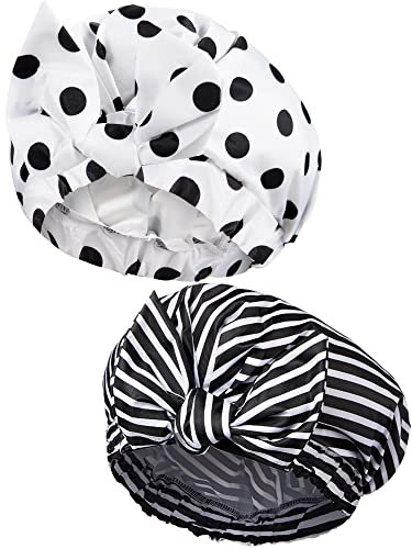 2 Stücke Duschhauben, Wasserdichte Wiederverwendbare Dusche Haarkappen Elastisch Saum Turban Bad Kappen für Langes, Kurzes und Lockiges Haar Frauen Mädchen (Schwarz Punkt und Streifen)
