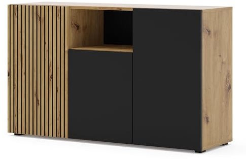 Homlando Kommode AURIS – Sideboard 42x135x82 cm mit 3 Türen, Wohnzimmer Kommode, Eichenholz Optik – Schwarz/Artisan Eiche