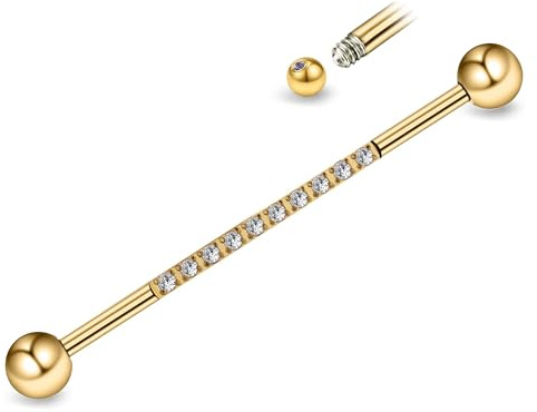 FINE4U Guld industriella piercingsmycken 14G 36 mm 38 mm 1 st – ASTM F136 titan industriell skivstång, industriella örhängen, broskkroppspiercing smycken med CZ