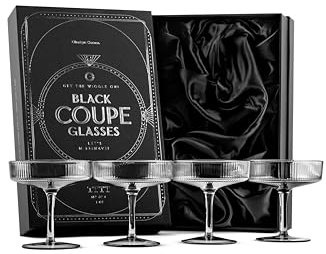 GLASSIQUE CADEAU Vintage Art Deco Schwarze Gerippte Coupe Gläser | 4er Set | 200 ml Rauchige Cocktailgläser für Champagner, Espresso Martini, Daiquiri | Kristall Rauchgrau Champagnerschalen