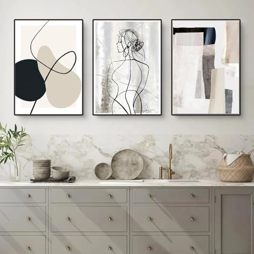 Herfair Bilder Wohnzimmer 3er Set Abstrakt Line Geometrie Wandbilder Poster Schlafzimmer Einfachheit Kunstposter Leinwandbilder Ohne Rahmen (30 x 40 cm)