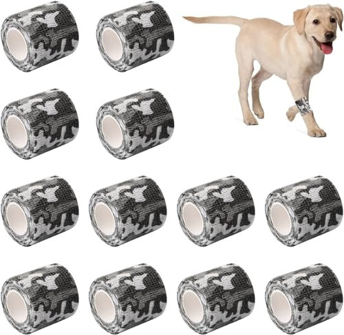 12 Rollen Selbstklebender Verband, 5cm*4.5m Haftbandage Verband, Elastische Cohesive Bandage,Selbsthaftende Cohesive bandageGeeignet für Sport, Handgelenk,für Haustier Erste Hilfe (schwarze Tarnung)
