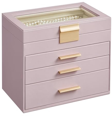 SONGMICS Collection - Jewellery Box with Glass Lid, 4-Tier Jewellery Storage Organiser, 3 Drawers, for Sunglasses, Modern Style, Lavender Purple and Gold Colour GISELLA JBC161P01