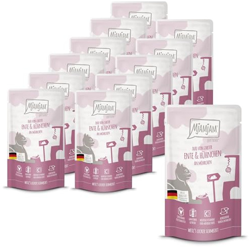 MjAMjAM - Nourriture humide premium pour chats - Quetschie - DUO de canard fondant et poulet juteux aux petites carottes, pack de 12 (12 x 125g), sans céréales avec un supplément de viande