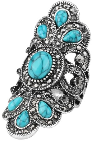 Bague Vintage En Forme De Feuille De Fleur Turquoise Pour Femmes Et Filles, Plaqué Argent Oxydé Noir Cz Boho En Filigrane, Large Bande, Confortable, Bijoux d'Anniversaire De Mariage Bollywood