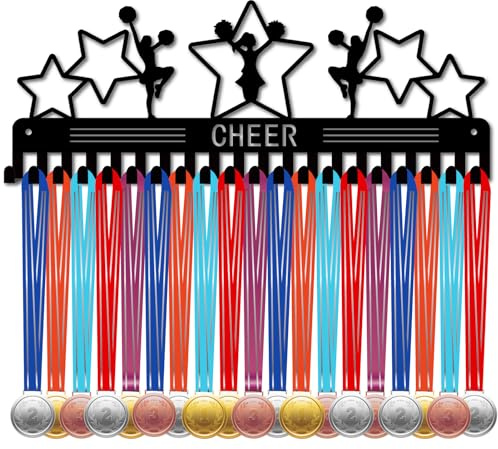 CREATCABIN Cheer Medal Hangers Medal Holders Display Metal Stars Pentagrams Cheerleading Medal Rack Organizer Plaques Hanger Black Wall Mounted with 20 Hooks for Awards Ribbons Sports Race 15.7x6Inch