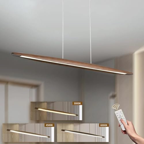 YYUTLUO LED Holz Pendelleuchte Esstisch Pendelleuchte, Braun Dimmbar mit Fernbedienung Pendellampe, Höhenverstellbar, Modernes Geradliniges Design Wohnzimmerlampe Hängend für Büro Esszimmer (100cm)